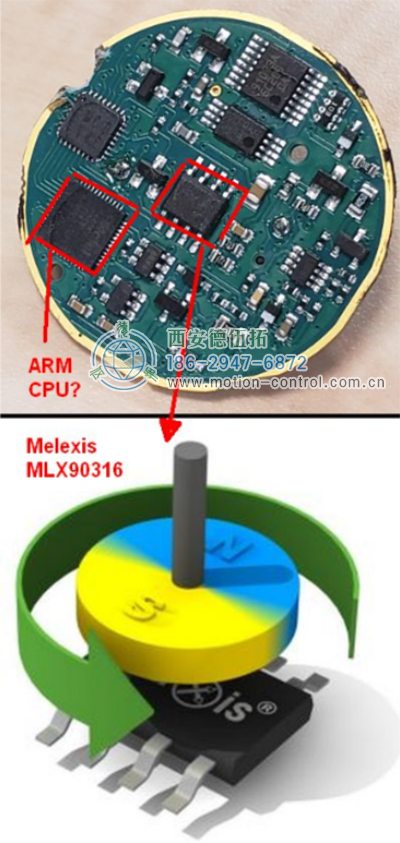 在PCB的中心，有Melexis芯片和可能的ARM微控制器